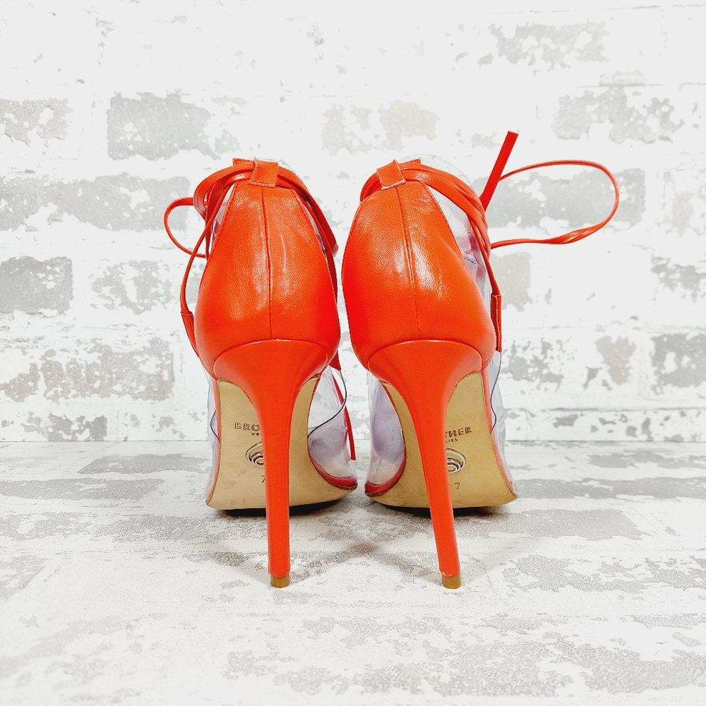 New BROTHER VELLIES De Fleur Ankle Tie Pointed Toe Leather Orange Pumps X509 - Picture 7 of 13
